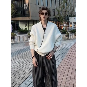 纯色开衫毛衣男秋冬潮流网红针织衫慵懒风V领加厚宽松毛线衣外套