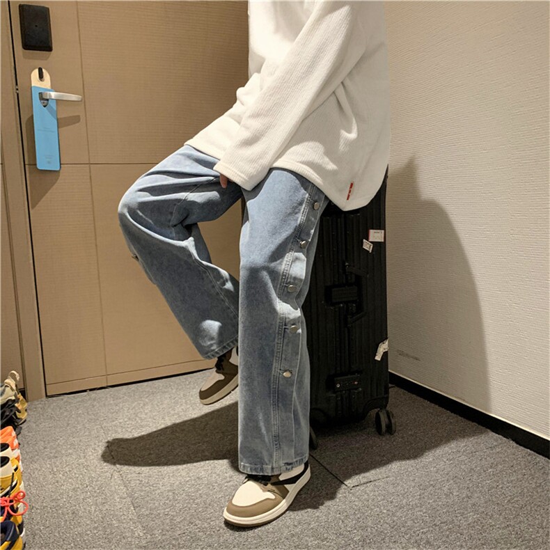 阔腿牛仔裤韩版潮流宽松排扣裤子直筒阔腿长裤潮牌春NZK90-P42，男装牛仔裤，星座1008-2