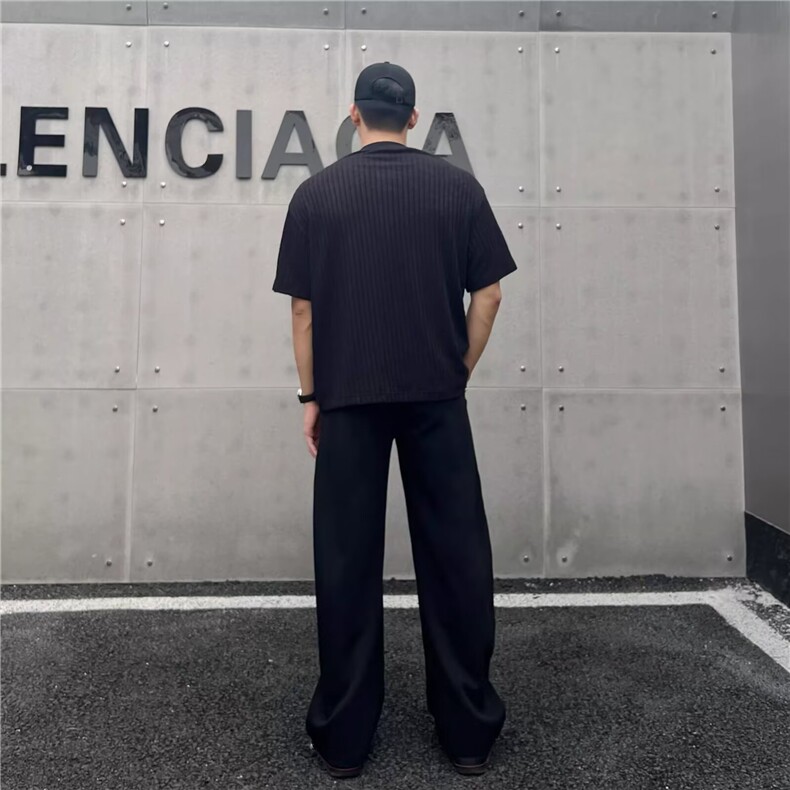 肌理褶皱软糯感半袖老钱风亨利领短袖t恤修身上衣竖条纹设计感T恤,男装T恤,星座506A