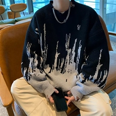 设计感毛边破洞针织衫男秋冬潮胖人宽松圆领毛衣打底衫7133/P45，男装T恤，星座506