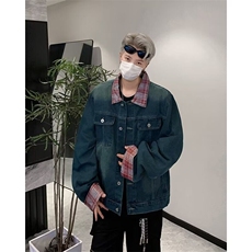 美式牛仔外套男春秋拼接格纹上衣小众设计感情侣夹克潮JN1238-p75，男装工装外套，星座302B