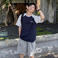 抖音得物高品质二开240克宽松纯棉美式潮牌插肩袖拼接短袖T恤，男装T恤，电商A486