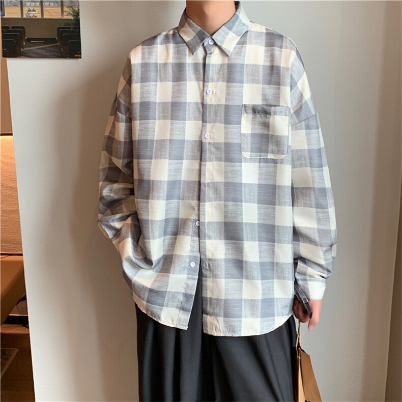 日系格子衬衣夏季春秋休闲长袖潮衣服薄男士新款外套W1253-P35,男装衬衫,星座512-4