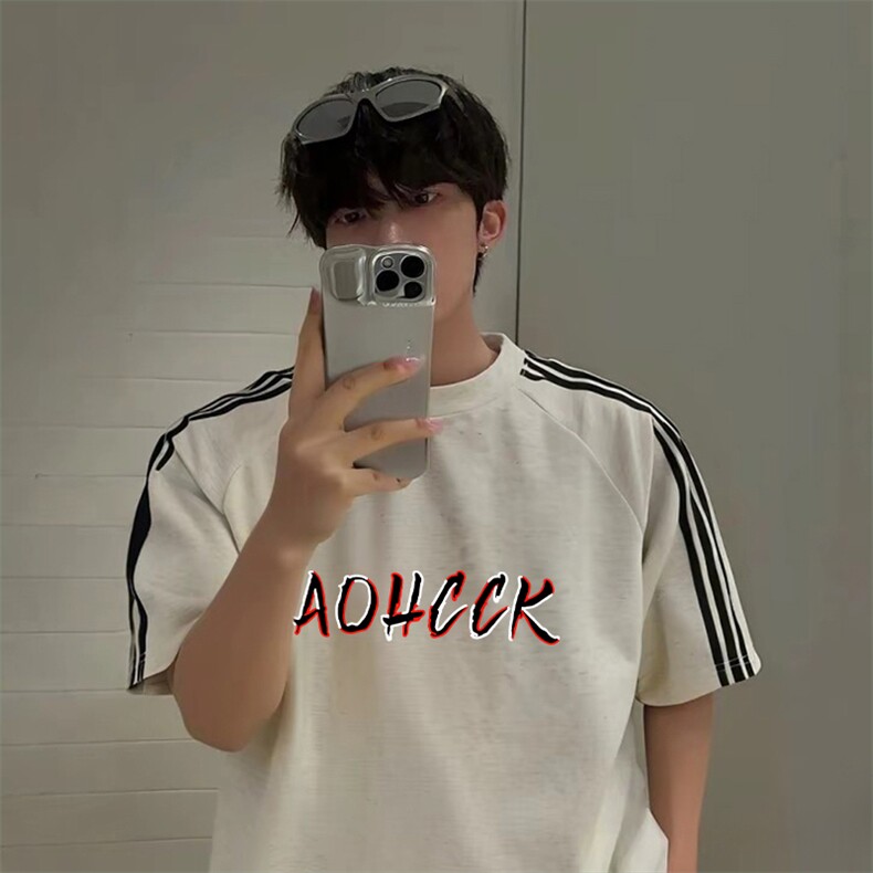 抖音得物品质二开240克宽松纯棉美式潮牌印花三条杠中性风短袖T恤，男装T恤，电商A486-1