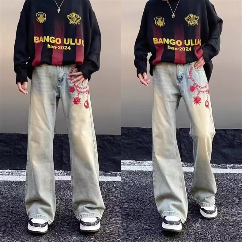 X212美式vibe风复古黄泥染刺绣牛仔裤无品牌简约气质流行原宿新款,男装牛仔裤,星座308A-1（原309B-1）