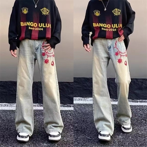 X212美式vibe风复古黄泥染刺绣牛仔裤无品牌简约气质流行原宿新款图片
