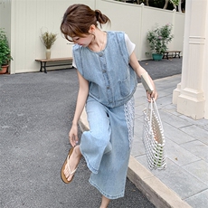 时尚牛仔马甲套装女2025夏季新款超好看短袖T恤宽松阔腿裤三件套，女装套装/套裙，2C236