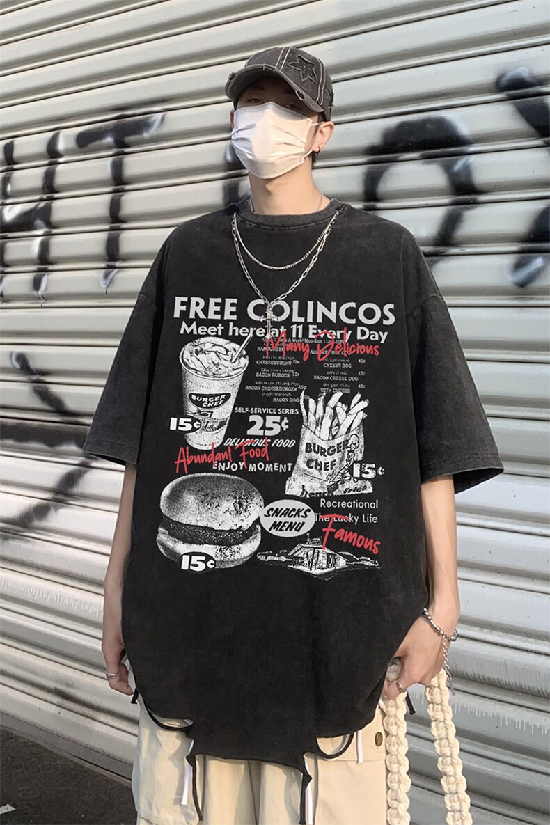 特批2025美式高街纯棉宽松圆领带项链短袖T恤DT358P40控68,男装T恤,电商A247