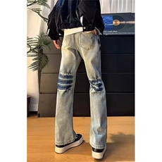 水洗斜切牛仔裤男女微喇裤子修身直筒痞帅做旧长裤HA554P44，男装牛仔裤，星座1112-1