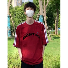 抖音得物高品质二开240克宽松纯棉美式潮牌三条杠织带短袖T恤，男装T恤，电商A486-1