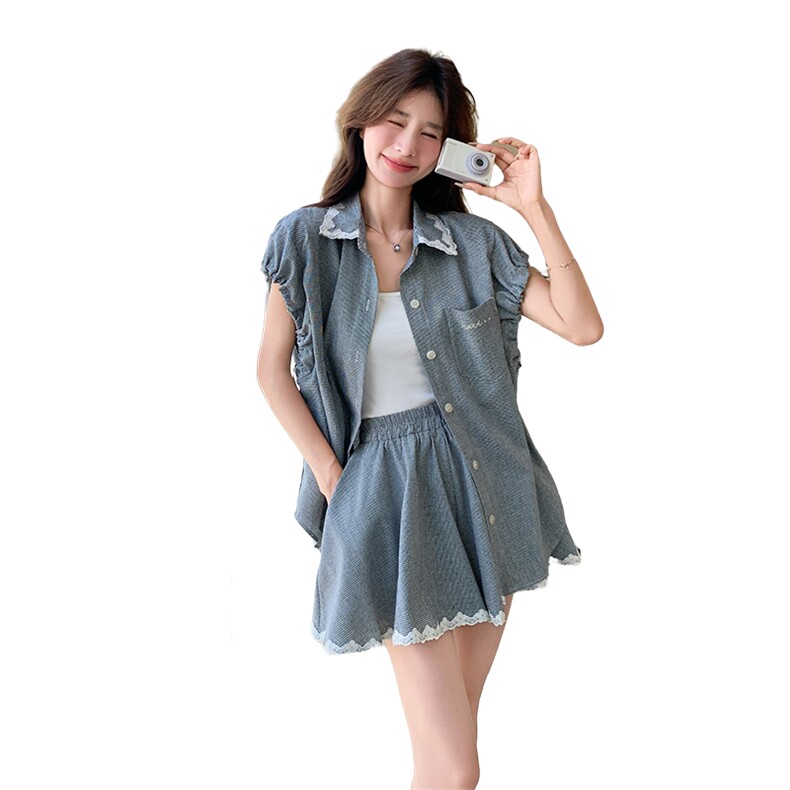 时尚精致格纹蕾丝拼接领宽松衬衫女夏季高腰短裤裙小个子两件套,女装套装/套裙,2C166