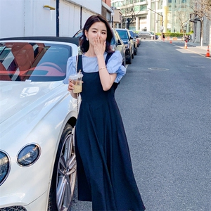 夏季茶歇法式复古减龄遮肚子显瘦泡泡袖背带连衣裙洋气女图片