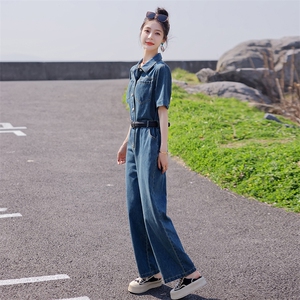 袖工装牛仔连体裤女2025夏季新款显高显瘦遮肉阔腿薄款连衣长裤图片