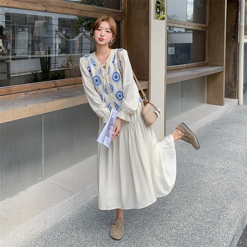 蓝色蕾丝针织马甲连衣裙两件套女春秋2025新款绝美流行超火两件套图片