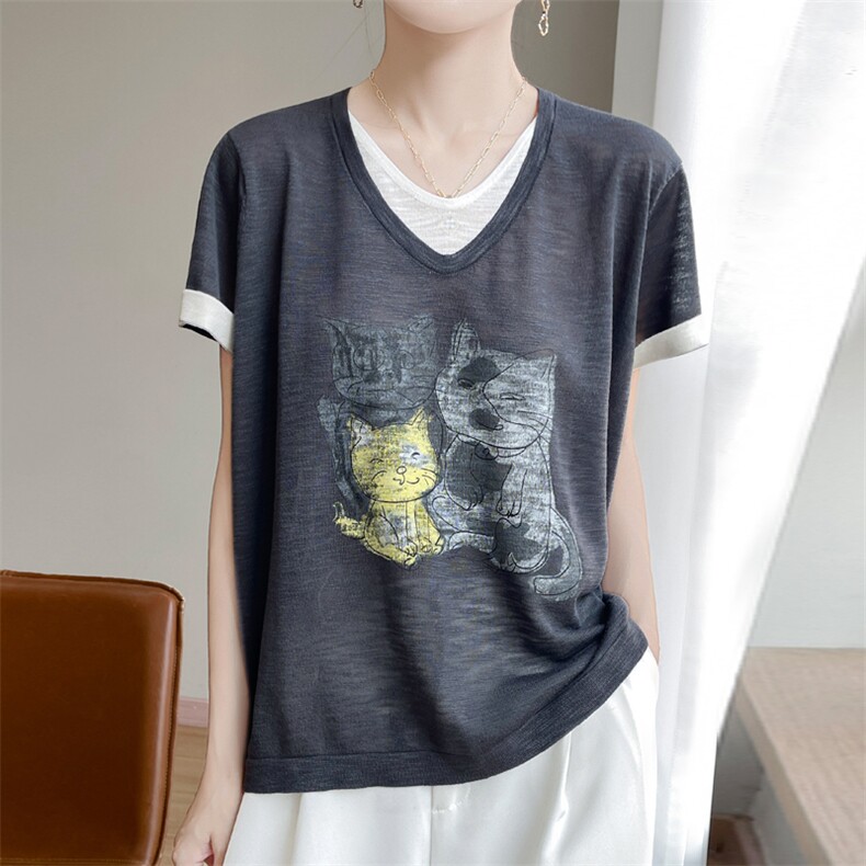 夏季竹节麻双V领假两件猫咪图案短袖女宽松百搭显瘦时尚休闲上衣,女装T恤,暖娇绒包芯纱店