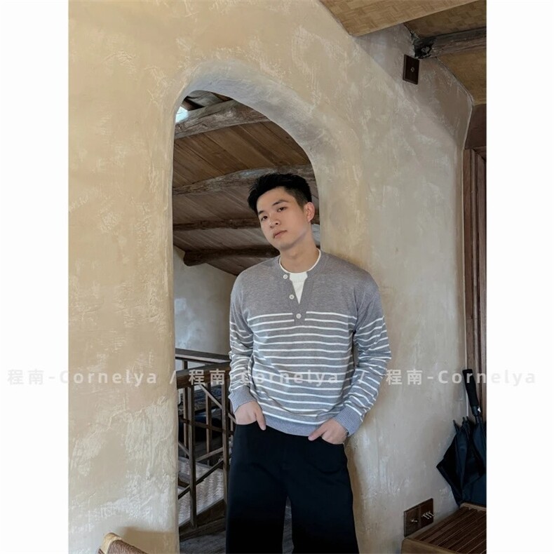 亨利领假两件慵懒肌理感套头毛衣男宽松条纹长袖T恤打底衫,男装T恤,星座1210-1