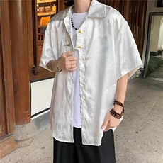 风男装夏季复古暗纹盘扣白色POLO上衣宽松短袖衬衫ins潮，男装衬衫，星座716-3