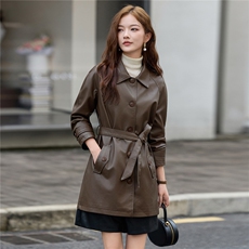 2025秋季女装新款大量现货时尚中长款腰带风衣皮衣外套，女装皮衣，缘衣格