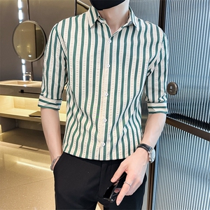 夏季男士七分袖印花衬衫男休闲修身条纹衬衣A236-A41-P55图片