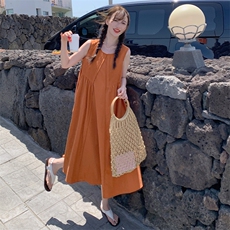 橘色无袖背心连衣裙女2024夏气质法式设计感小众压褶露背宽松长裙，女装连衣裙，浙宝276（原081）