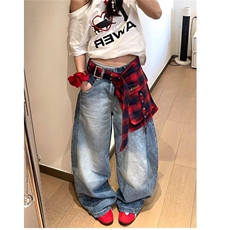 美式高街复古弯刀阔腿牛仔裤女百搭新款时尚原宿无品牌日系简约，男装牛仔裤，星座1210-1