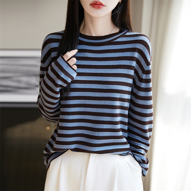 莱赛尔天丝精纺羊毛衫女圆领条纹拼色长袖针织上衣宽松毛衣打底衫,针织衫/毛衣,朝思羊绒