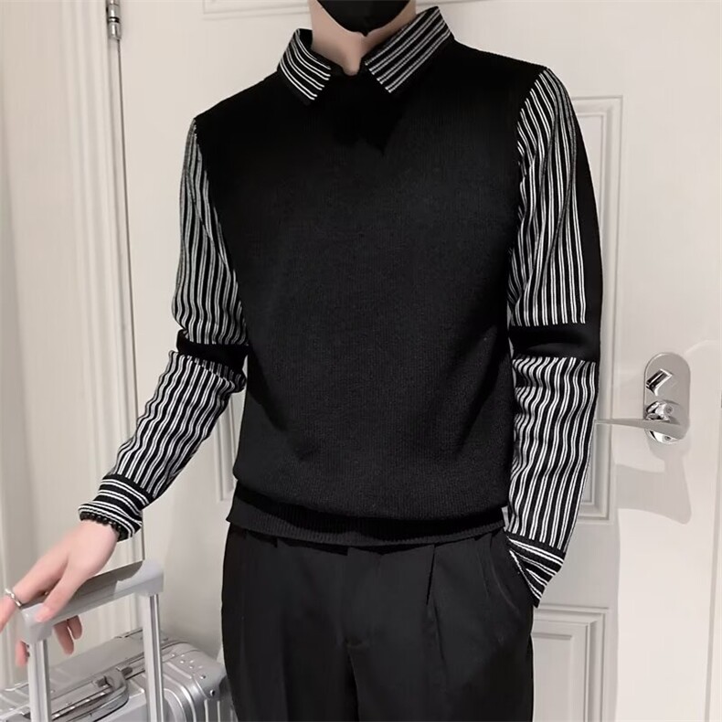 得物品质秋冬男假两件毛衣衬衫领条纹针织衫休闲外套M552P55,男装针织衫/毛衣,星座1013-1