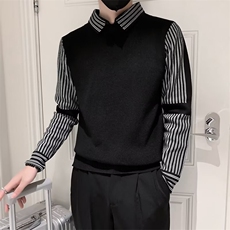 得物品质秋冬男假两件毛衣衬衫领条纹针织衫休闲外套M552P55，男装针织衫/毛衣，星座1013-1