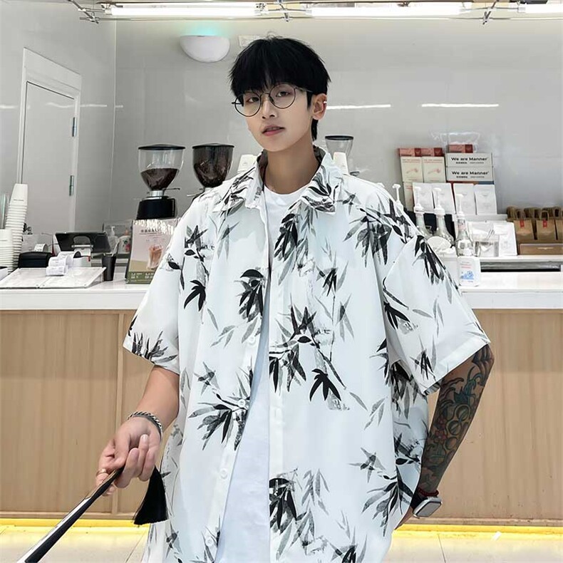 控价69笔墨风衬衫套装黑白印花简约宽松版型套装TZ069P42,男装衬衫,电商A128