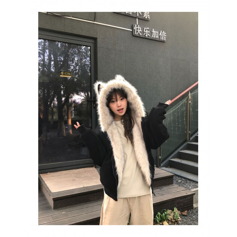 毛领夹棉座山雕猫耳朵外套男女秋冬季加厚情侣装棉衣棉服图片