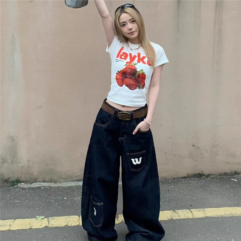 青少年设计感字母印花阔腿牛仔裤男女美式hiphop裤子立体裁弯刀裤,男装牛仔裤,星座1210-1