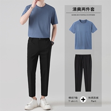 夏季九分西裤男长裤修身韩版港风休闲裤短袖衬衫纯棉套装两件套潮，男装休闲套装，星座505-2（原电商A260-1)