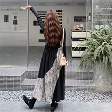 复古日系拼接长袖连衣裙女2025秋季高腰显瘦高级感减龄高腰连衣裙，女装连衣裙，2C258