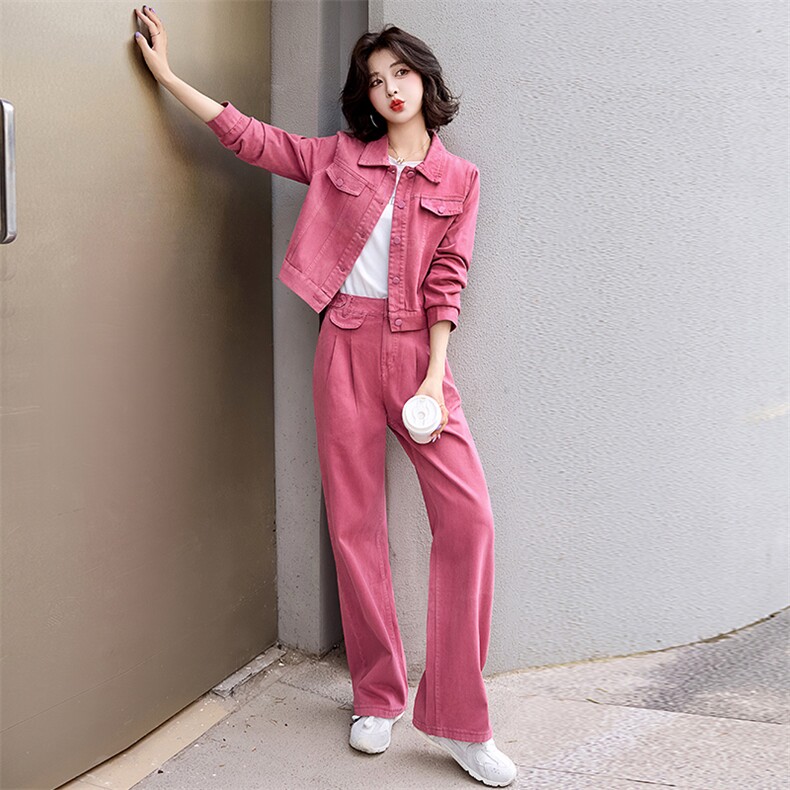粉色欧货时尚牛仔套装女夏季高级感宽松潮流短外套直筒裤两件套潮,女装套装/套裙,美拉德工厂直营店