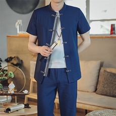 夏季套装男士两件套风复古唐装名族风T恤A334-TZ021-P65，男装民族服装，电商B339(原A334）