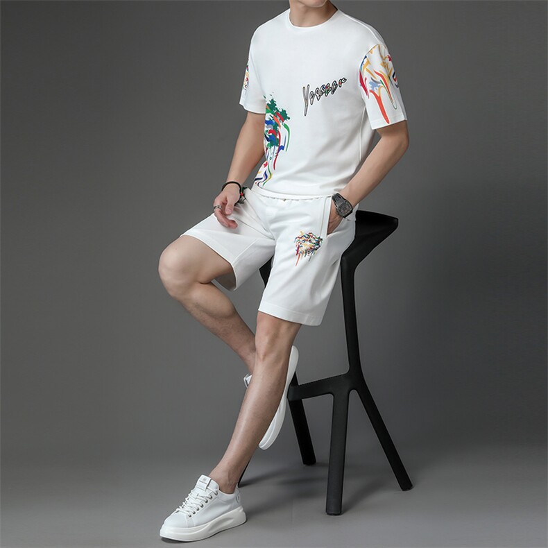 夏季男式短袖短裤透气两件套运动休闲圆领修身t恤套装,男装休闲套装,电商B360