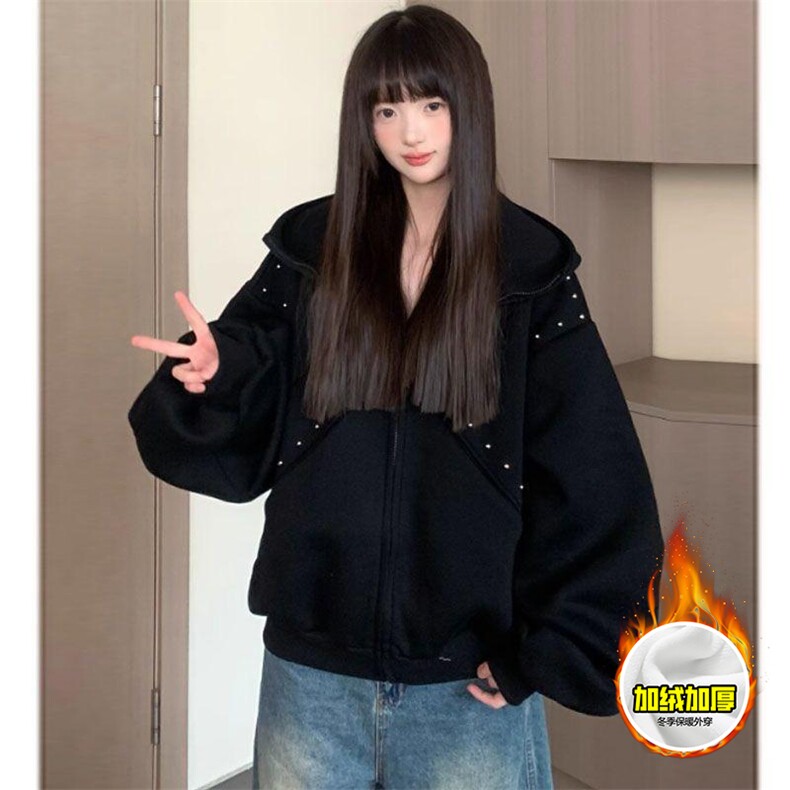 480G重磅加绒硬挺boxy 男女秋冬美式高街卫衣铆钉拼接开衫厚外套图片
