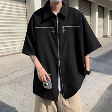 美式复古金属拉链短袖衬衫男女夏季宽松翻领男衬衣外套CS0023-P45，男装衬衫，星座308B-2