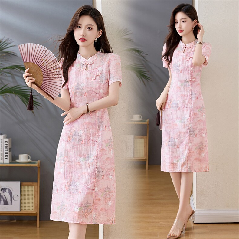 高级中式改良印花连衣裙女夏季2025新款收腰系带一片式裹身优雅，女装连衣裙，伊航服饰