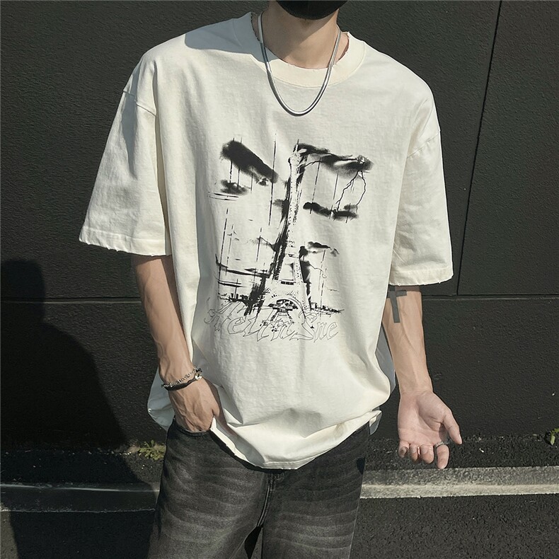2025夏季复古涂鸦图案印花男士短袖T恤T1057/P55控79-100棉260克,男装T恤,电商A148