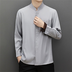 春季唐装中老年亚麻衬衫爸爸装礼服喜公公立领棉麻衬衣MJ22882-75，男装衬衫，星座1105-3