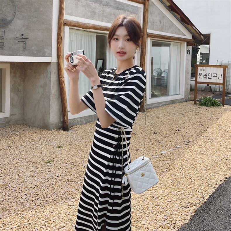 新款现货条纹抽绳修身连衣裙212A-610-P100-155,女装连衣裙,浙宝212A