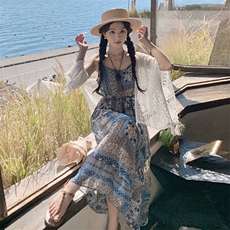 蓝色法式防晒衫吊带裙套装女2025春夏新款海边度假波西米亚连衣裙，女装连衣裙，2C177