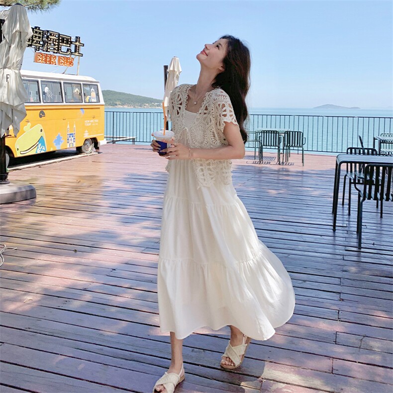 温柔风甜美小个子白色吊带连衣裙女夏季新款镂空短袖上衣两件套装,女装套装/套裙,2C269