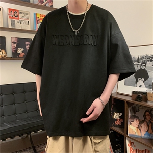 T131/P30麂皮绒短袖t恤男夏季美式重磅钢印oversize宽松半袖体恤图片