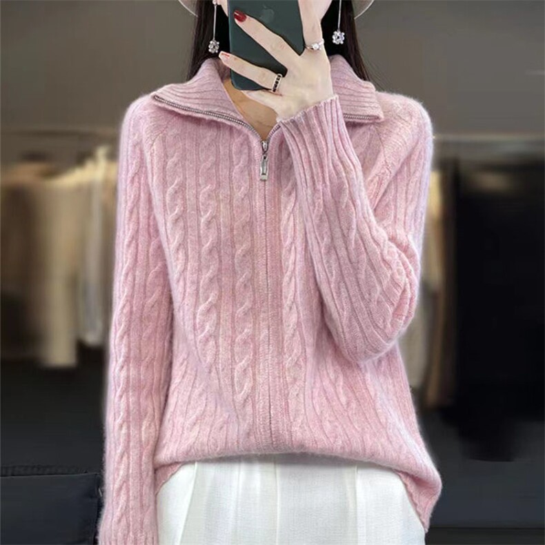 秋冬新款羊毛开衫女高领拉链麻花毛衣外套厚针织衫外搭，女装针织衫/毛衣，萱芳婷羊绒