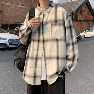 2022新款潮流ins港风宽松衬衣外套秋季格子长袖衬衫男 W6104-P32图片