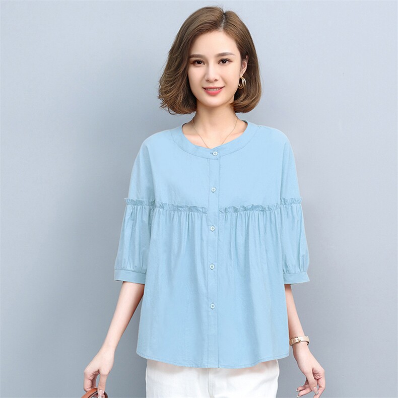 2021夏季新款简约时尚气质圆领单排扣门襟花边褶皱休闲上衣,女装T恤,悦见她