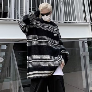 美式复古撞色条纹毛衣秋冬新款街头潮牌男 M5571 P55图片