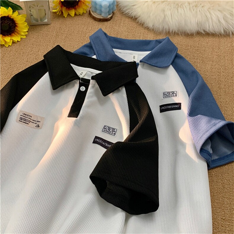 2025撞色短袖t恤翻领半袖polo衫青年百搭华夫格街头T1837-P28图片